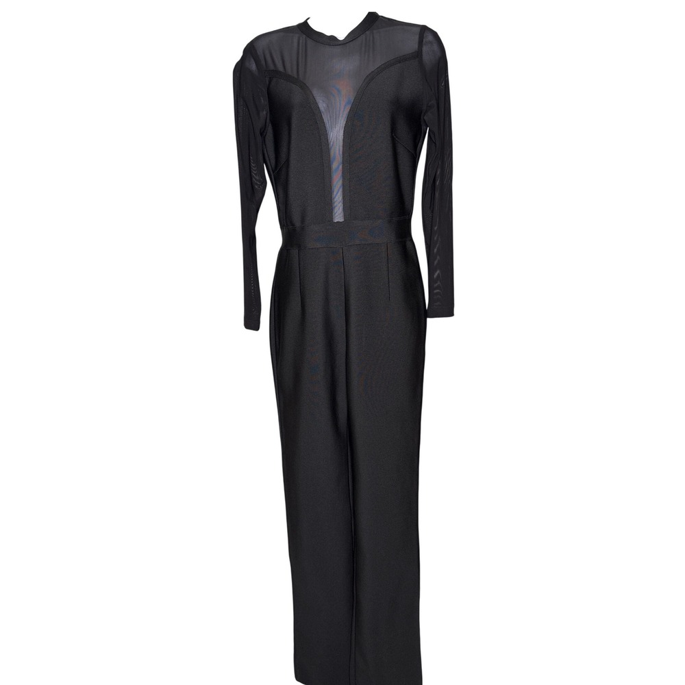 NEW Emprada Womens Black Sheer Mesh Bandage Jumpsuit Bodycon Sz L Sexy Chic Glam
